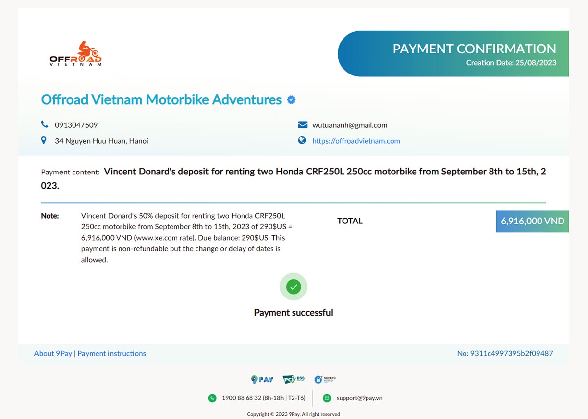 A sample of a successful 9Pay online pay gate Offroad Vietnam prepared- Booking Payment